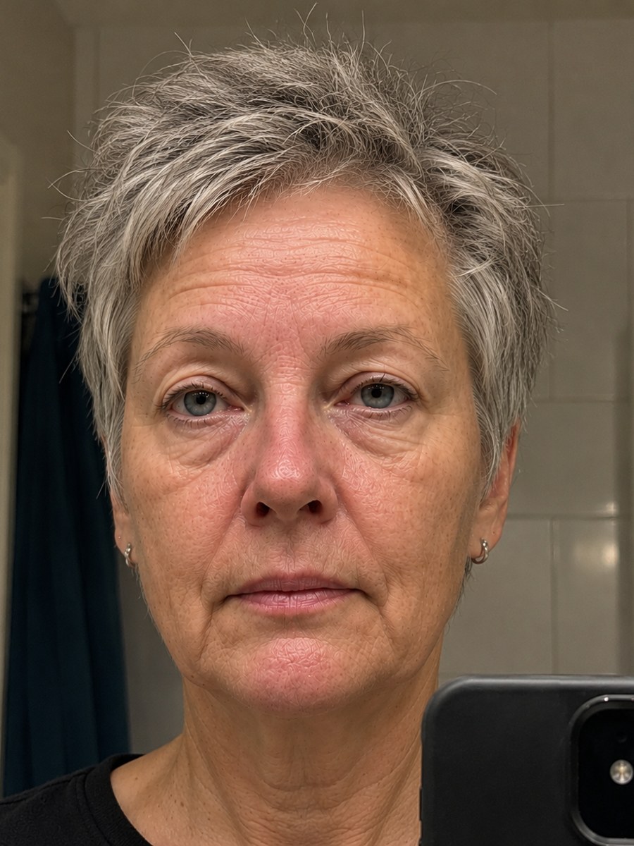 Vrouw van in de zestig met een opgezet, vermoeid ochtendgezicht